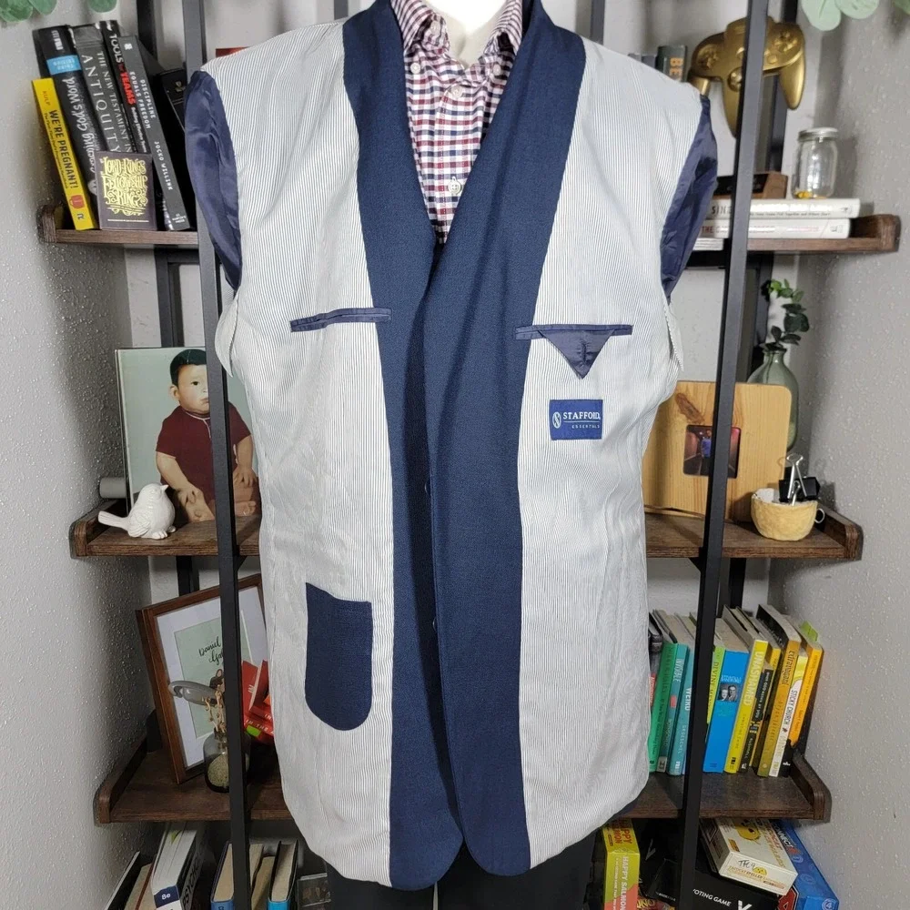 Stafford Essentials Men's Sport Coat Blazer Two Button Navy Blue‎ Poly Blend 46L